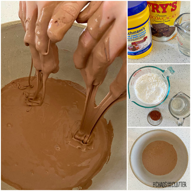collage of photos of making chocolate oobleck including the cocoa, cornstarch, and water needed
