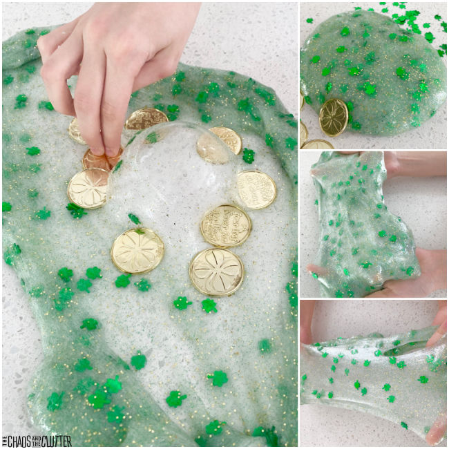 collage of photos of playing with shamrock clear slime