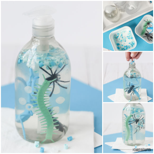 collage of photos showing putting plastic bugs in hand soap dispenser