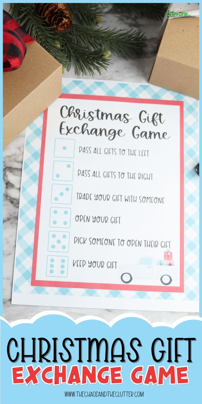 printed gift exchange game on floor near Christmas tree