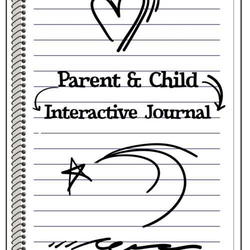 mock up of a coil notebook with scribbles on the front and the words "Parent & Child Interactive Journal"