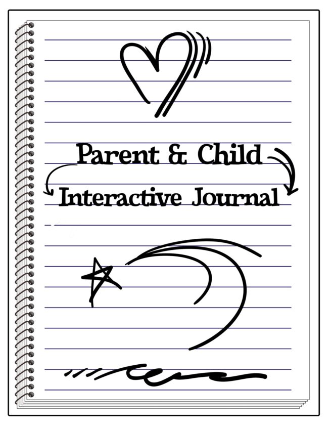 mock up of a coil notebook with scribbles on the front and the words "Parent & Child Interactive Journal"