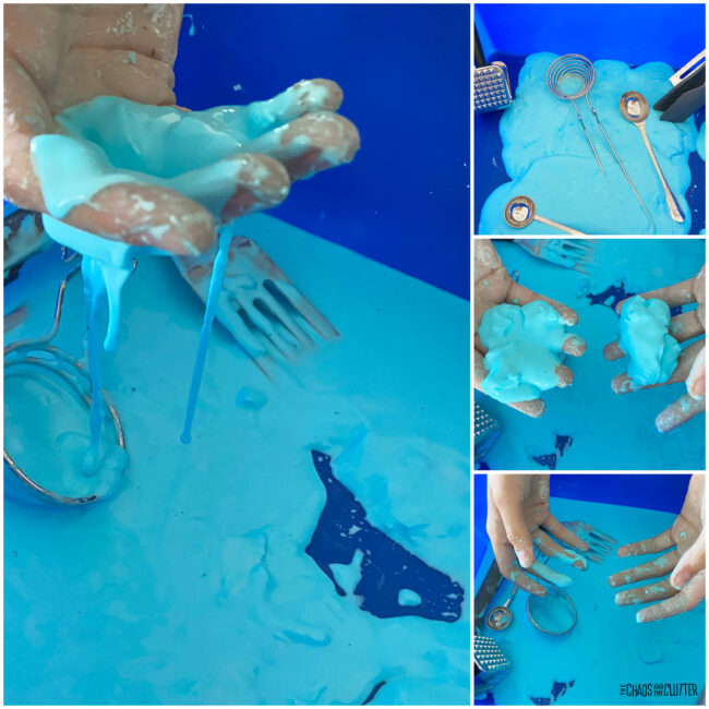 collage of photos of child's hands playing with blue slimey goo
