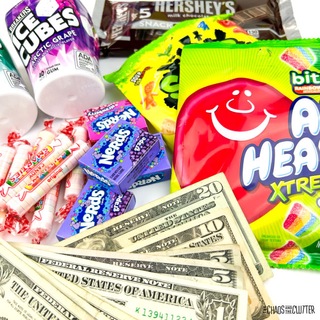 money and various types of candy