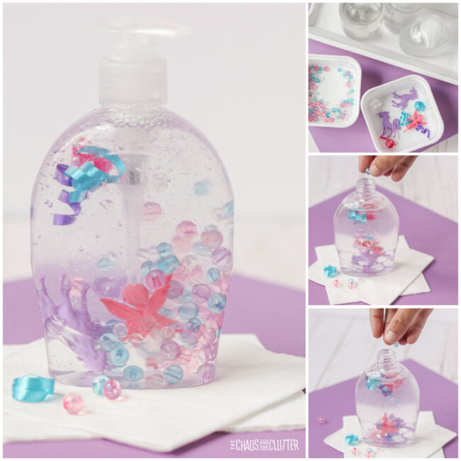 collage of adding plastic toys and beads to liquid soap in a bottle