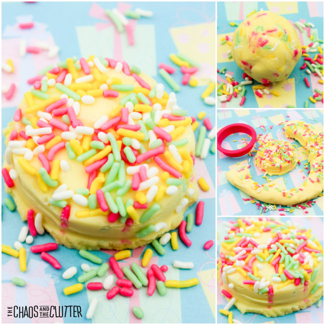 collage of photos of yellow playdough topped with edible sprinkles