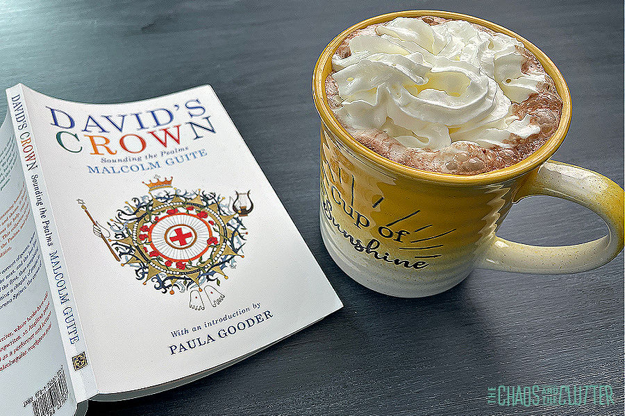 hot chocolate topped with whipped cream in a mug next to an open book