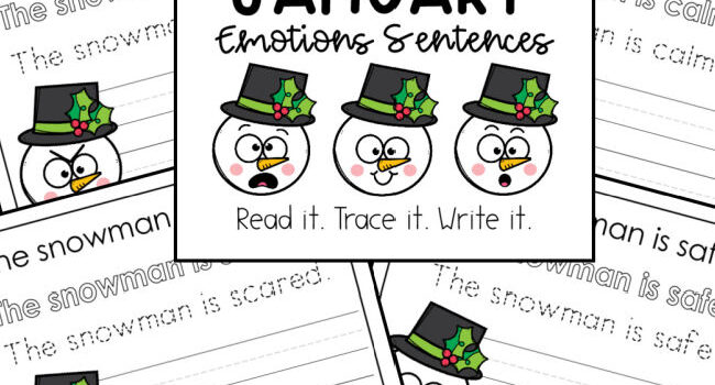 copywork sheets with one sentence each and snowmen